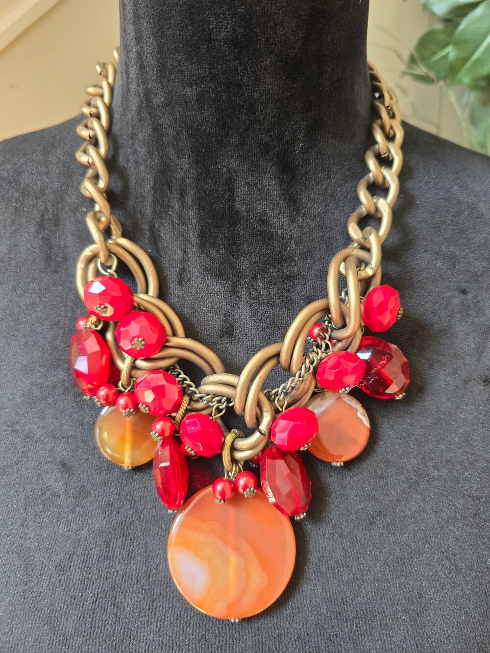 Chunky Gold Tone Chain Red Orange Beaded Charm Statement Necklace Boho
